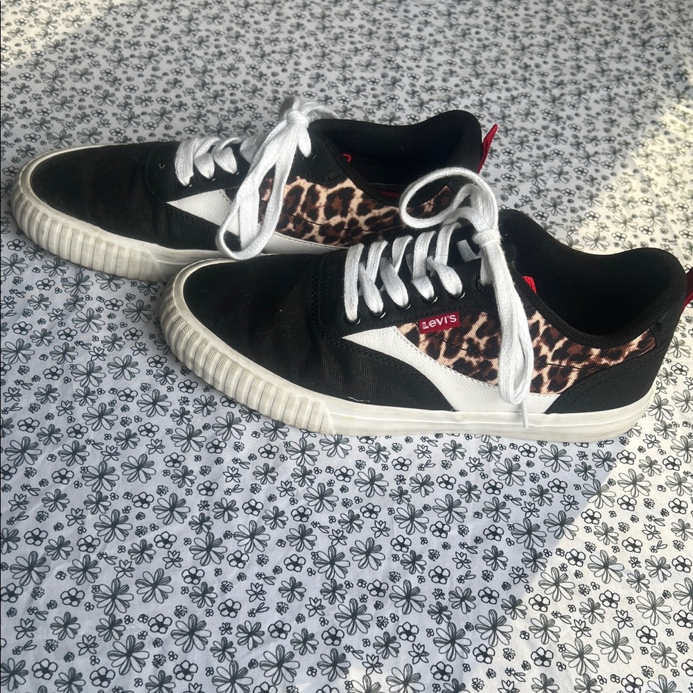 Levi's Women's Black and White Sneakers with Leopard Accents